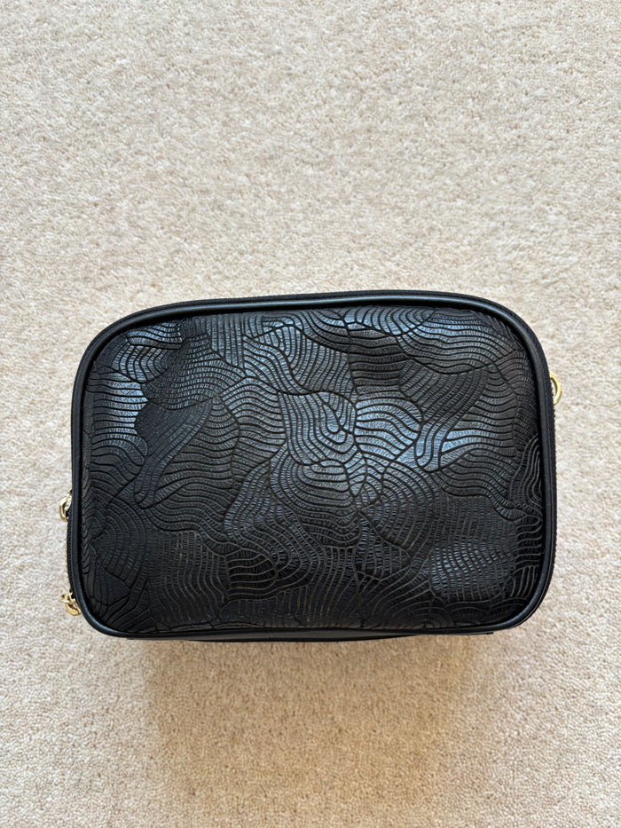 Italian Black Leather Patterned Camera Shoulder Bag