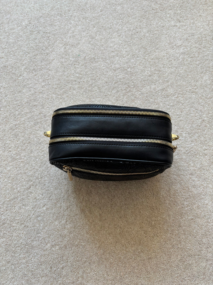 Italian Black Leather Patterned Camera Shoulder Bag