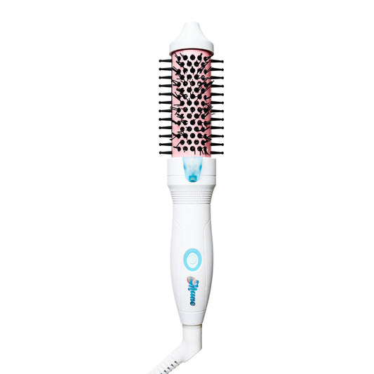 White hair styling tool with pink bristle head on a white background