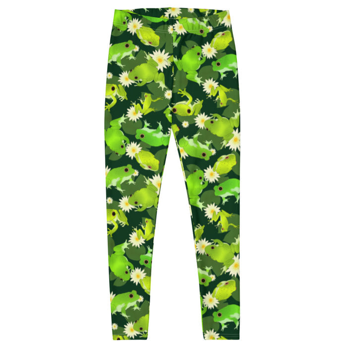Kero-kero kawaii leggings in green with long-legged frogs and lily pads