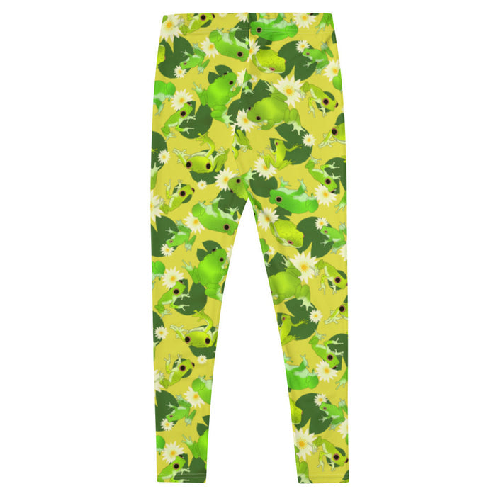 Kero-kero kawaii leggings in green with frogs mid-jump and pale water lilies