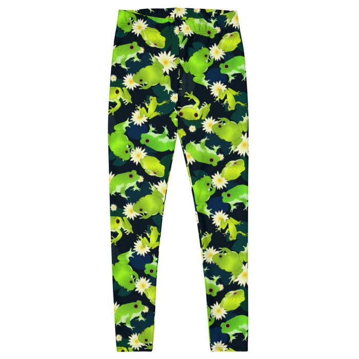 Kero-kero kawaii leggings in green with green tree frogs and white water lilies