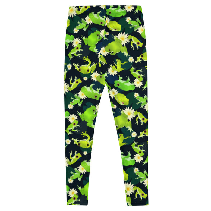 Kero-kero kawaii leggings in green with leaping frogs and golden-eyed lotus blooms