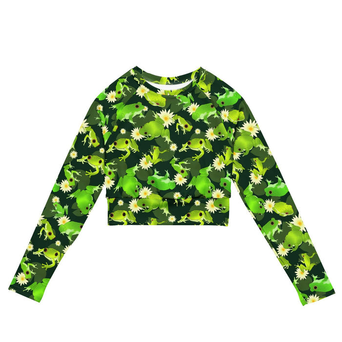 Kero-kero kawaii long-sleeved crop top in green with leaping frogs and golden-eyed lotus blooms
