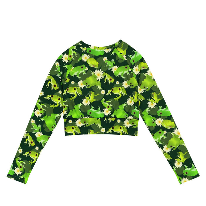 Kero-kero kawaii long-sleeved crop top in green with speckled frogs and floating lily pads
