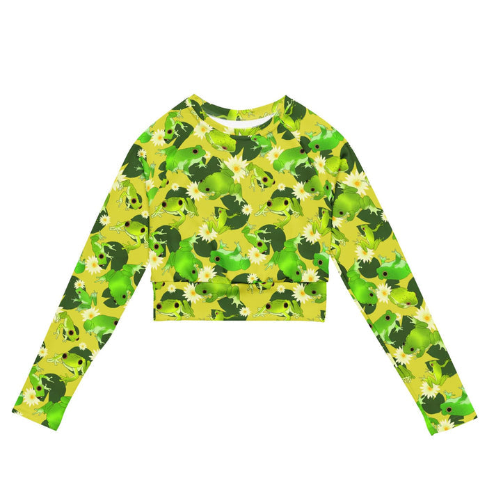 Kero-kero kawaii long-sleeved crop top in green with webbed-toed frogs and white lotus blossoms