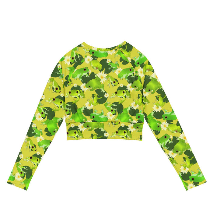Kero-kero kawaii long-sleeved crop top in green with hopping green frogs and sunlit water lilies