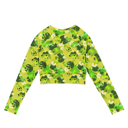 Kero-kero kawaii long-sleeved crop top in green with hopping green frogs and sunlit water lilies