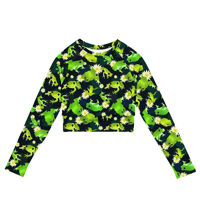 Kero-kero kawaii long-sleeved crop top in green with long-legged frogs and lily pads