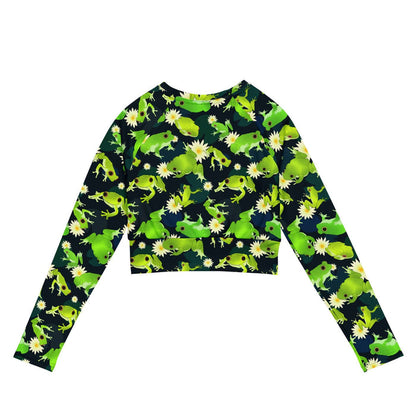 Kero-kero kawaii long-sleeved crop top in green with plump green frogs and golden lily centers
