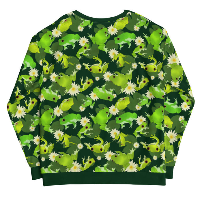 Kero-kero kawaii sweatshirt in green with green tree frogs and white water lilies