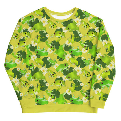 Kero-kero kawaii sweatshirt in green with leaping frogs and golden-eyed lotus blooms