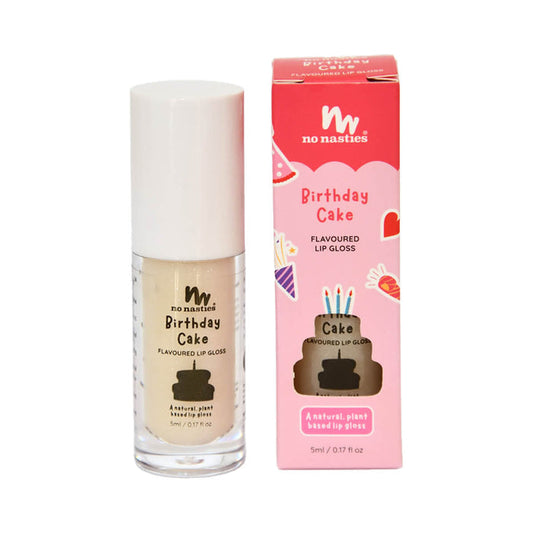 5ml tube of No Nasties Kids Natural Lip Gloss in Birthday Cake flavour, plant-based and naturally flavoured.