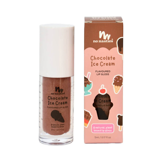 5ml tube of No Nasties Kids Natural Lip Gloss in Chocolate Ice Cream flavour, plant-based and naturally flavoured.