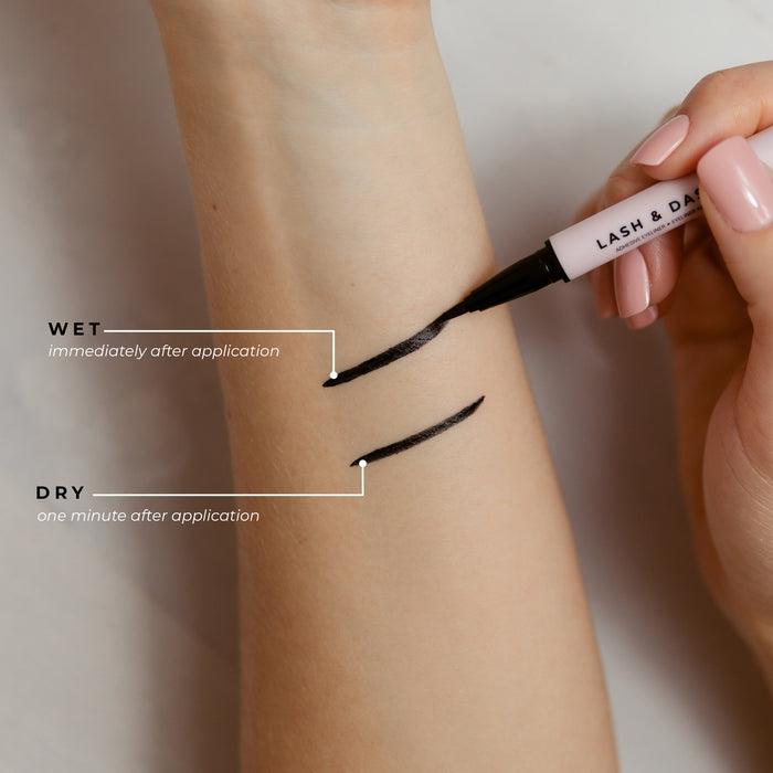 Before and after of Lash & Dash® Glue Liner- Satin Black applied to an arm.