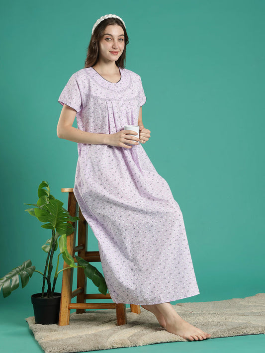 Lilac floral pure cotton nighty for women for summer