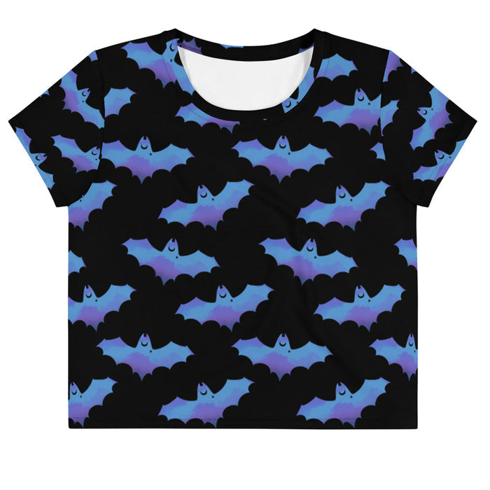 Lilith alternative crop top in blue with painterly bats and tiny crescent moons