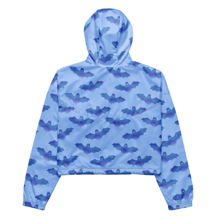 Lilith pastel-goth windbreaker in blue with bat print and pastel clouds