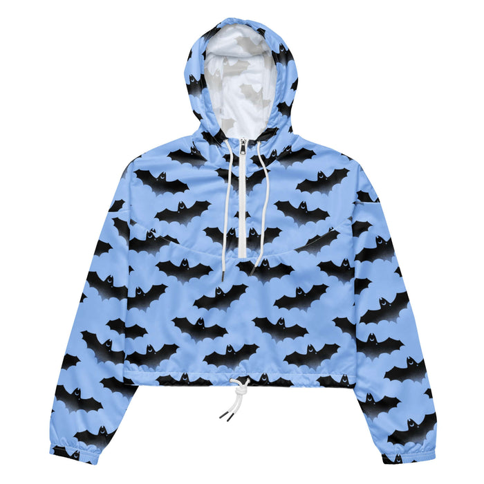 Lilith pastel-goth windbreaker in blue with watercolor bats and drifting clouds