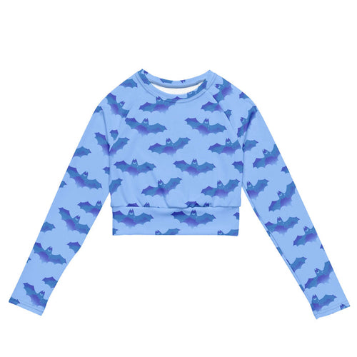 Lilith gothic long-sleeve crop top in blue with watercolor bats and crescent moons