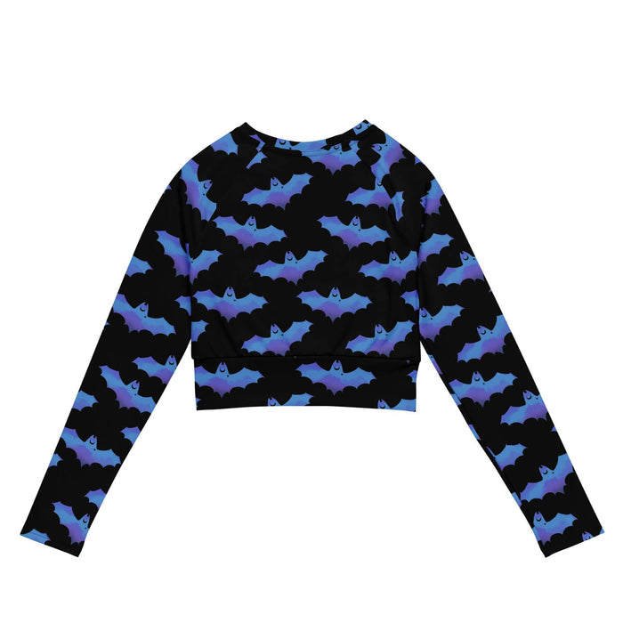 Lilith gothic long-sleeve crop top in blue with dusky bats and soft clouds