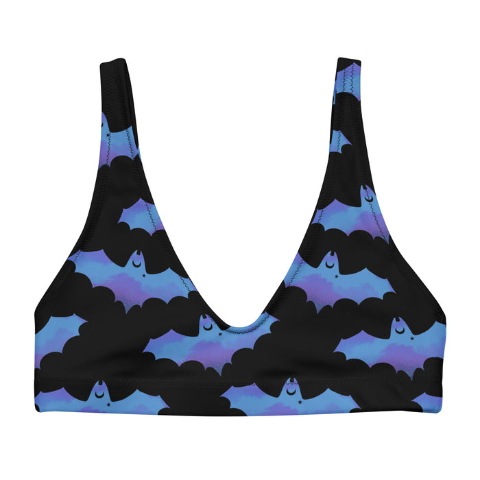 Lilith alternative bikini top in blue with painterly bats and tiny crescent moons