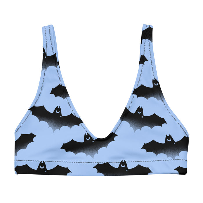 Lilith pastel-goth bikini top in blue with watercolor bats and drifting clouds