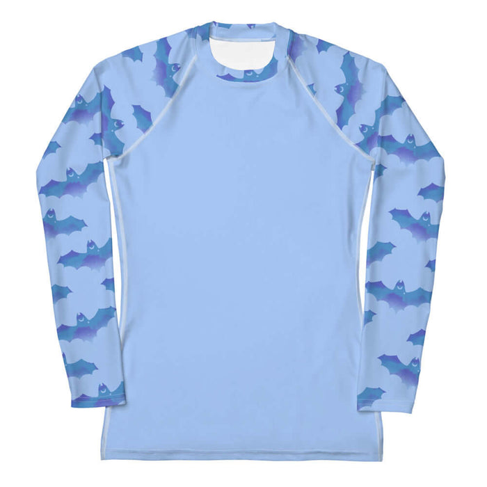 Lilith gothic rash guard in blue with watercolor bats and crescent moons