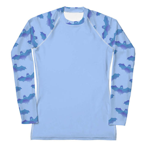 Lilith gothic rash guard in blue with watercolor bats and crescent moons