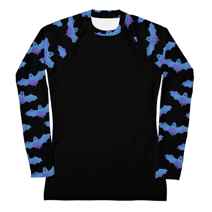 Lilith alternative rash guard in blue with painterly bats and tiny crescent moons