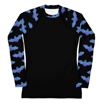 Lilith alternative rash guard in blue with painterly bats and tiny crescent moons