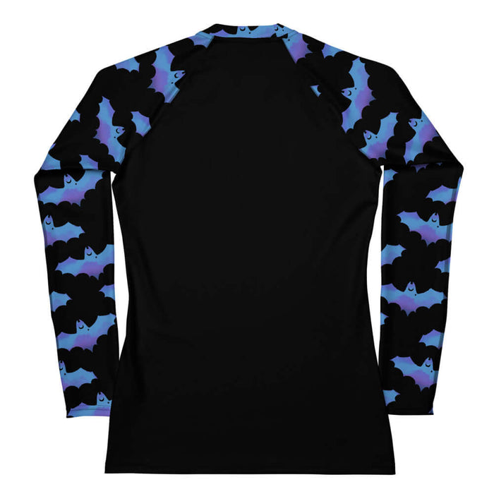 Lilith gothic rash guard in blue with dusky bats and soft clouds