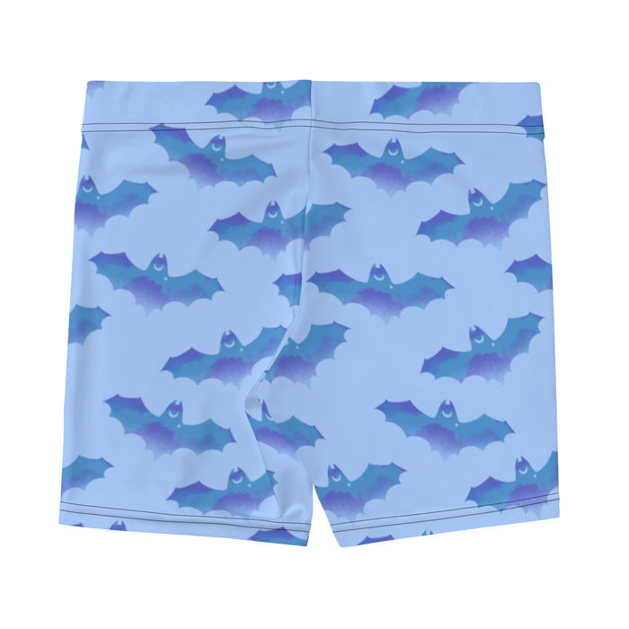 Lilith pastel-goth shorts in blue with bat print and pastel clouds