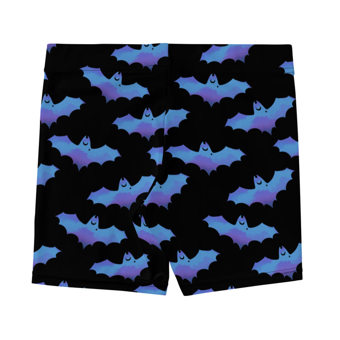 Lilith gothic shorts in blue with dusky bats and soft clouds