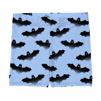 Lilith pastel-goth shorts in blue with watercolor bats and drifting clouds