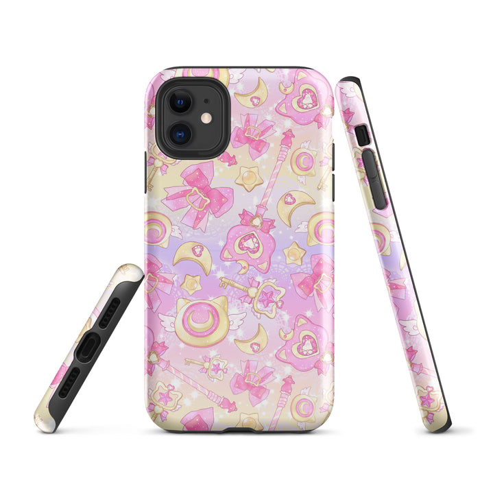 Magical Girl kawaii iPhone tough phone case in pink or purple with gem hearts and star wands