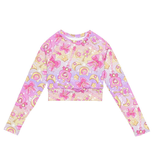 Magical Girl kawaii long-sleeved crop top in pink or purple with gem hearts and star wands