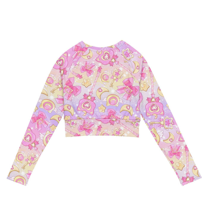Magical Girl kawaii long-sleeved crop top in pink or purple featuring neko compacts and crescent moons