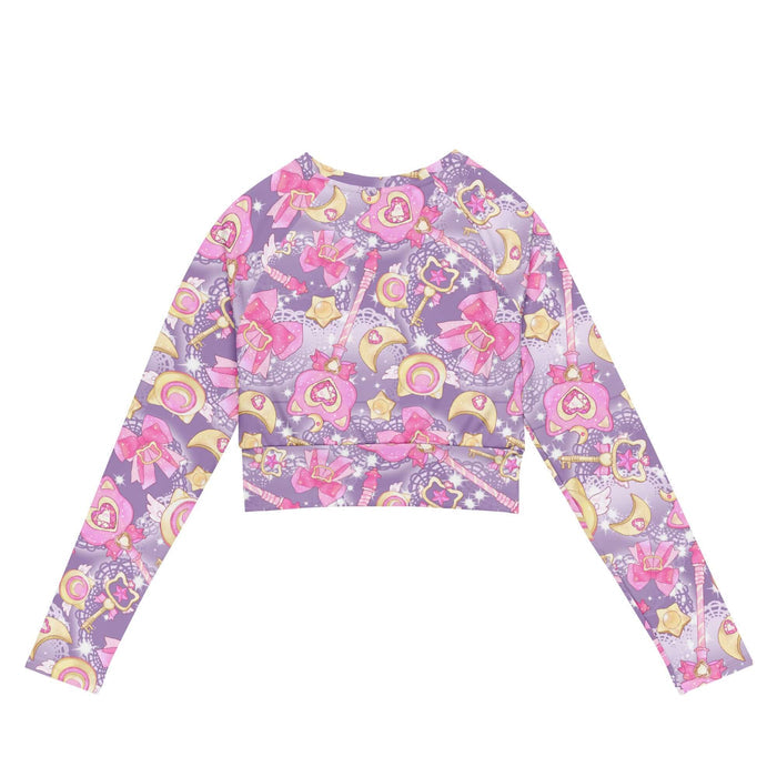 Magical Girl kawaii long-sleeved crop top covered in magic scepters and heart gems, in pink or purple