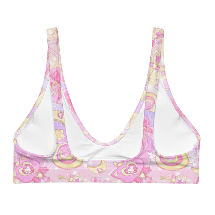 Magical Girl kawaii padded bikini top in pink featuring neko compacts and crescent moons