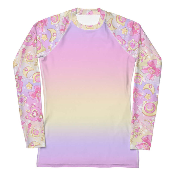 Magical Girl kawaii rash guard in pink or purple with gem hearts and star wands