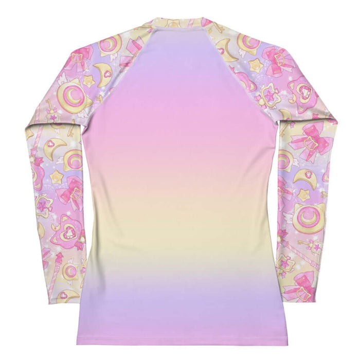 Magical Girl kawaii rash guard in pink or purple featuring neko compacts and crescent moons