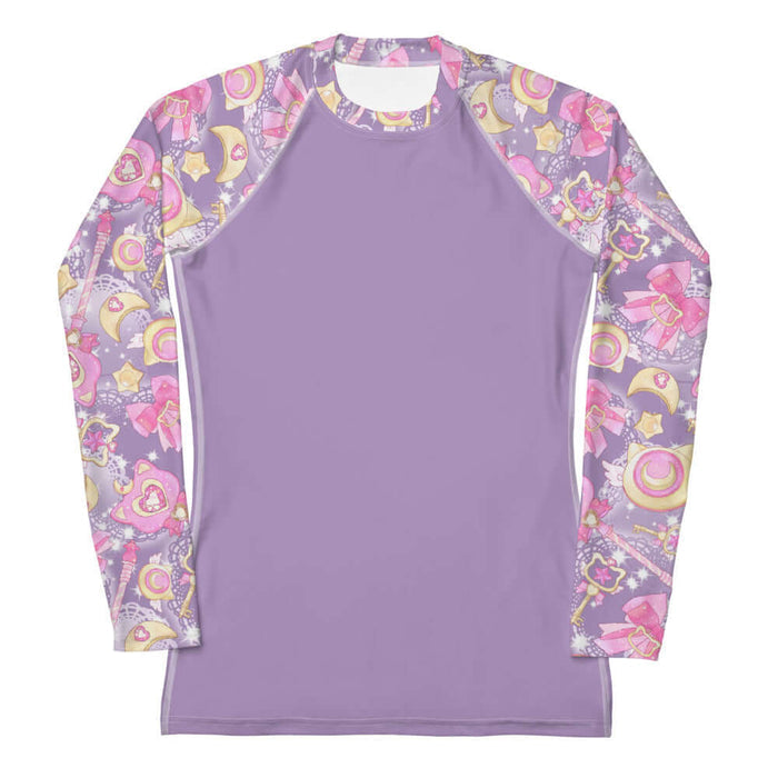 Pink or purple Magical Girl kawaii rash guard with ribbon bows and golden stars