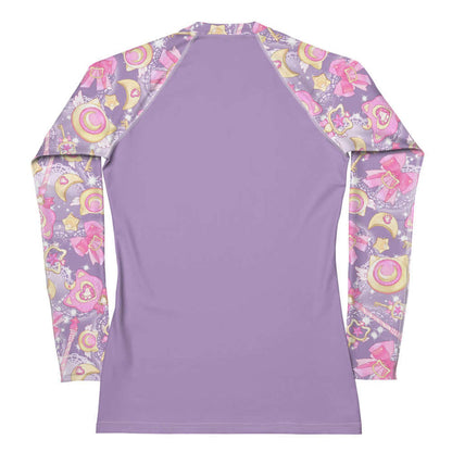 Magical Girl kawaii rash guard covered in magic scepters and heart gems, in purple