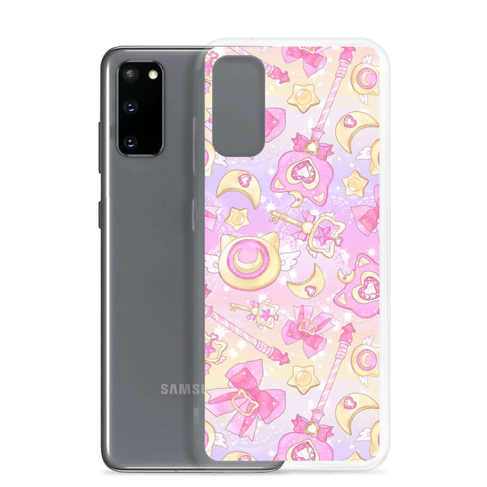 Sleek Magical Girl Samsung® Clear Case featuring vibrant magical icons, perfect for protecting your phone stylishly.