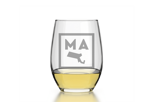 Massachusetts Square State Emblem Etched Stemless Wine Glass