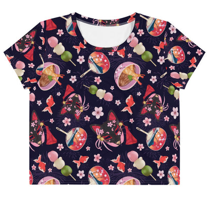 Matsuri kawaii crop top with black kitsune masks and red goldfish
