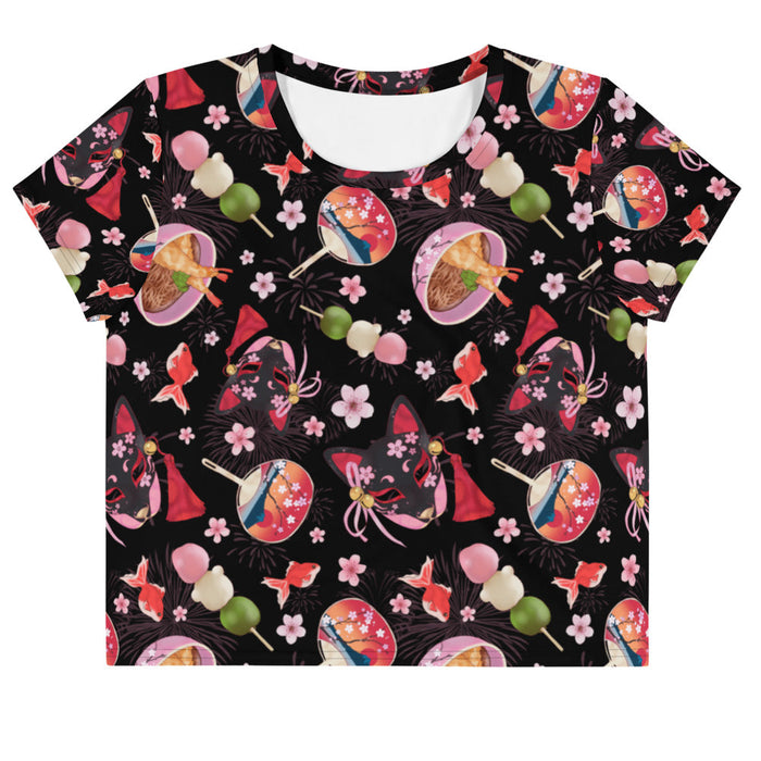 Matsuri kawaii crop top with red goldfish and cherry blossoms