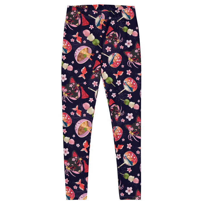 Matsuri kawaii leggings with black kitsune masks and red goldfish