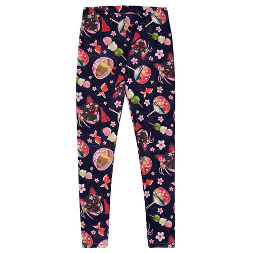 Matsuri kawaii leggings with black kitsune masks and red goldfish